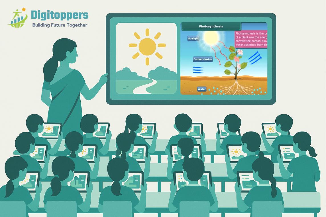 Diverse students collaborating with digital devices in a modern classroom